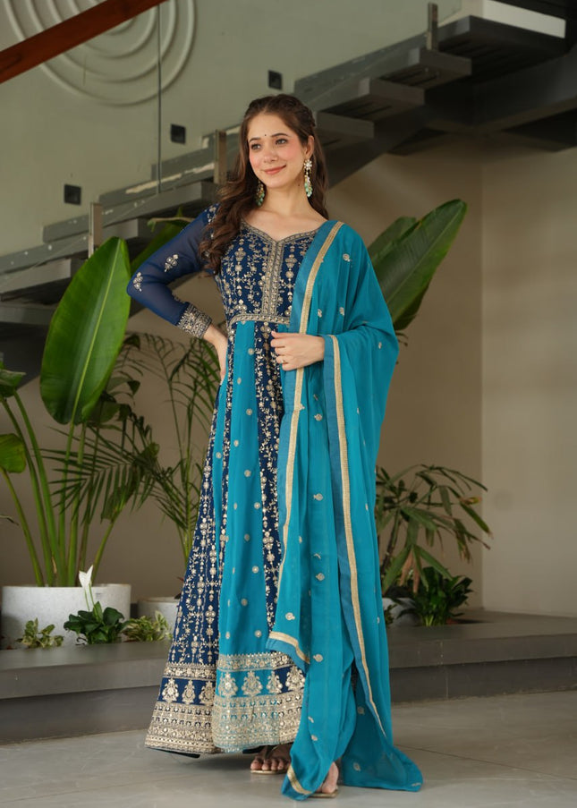Navy Blue and Teal Embroidered Anarkali Gown