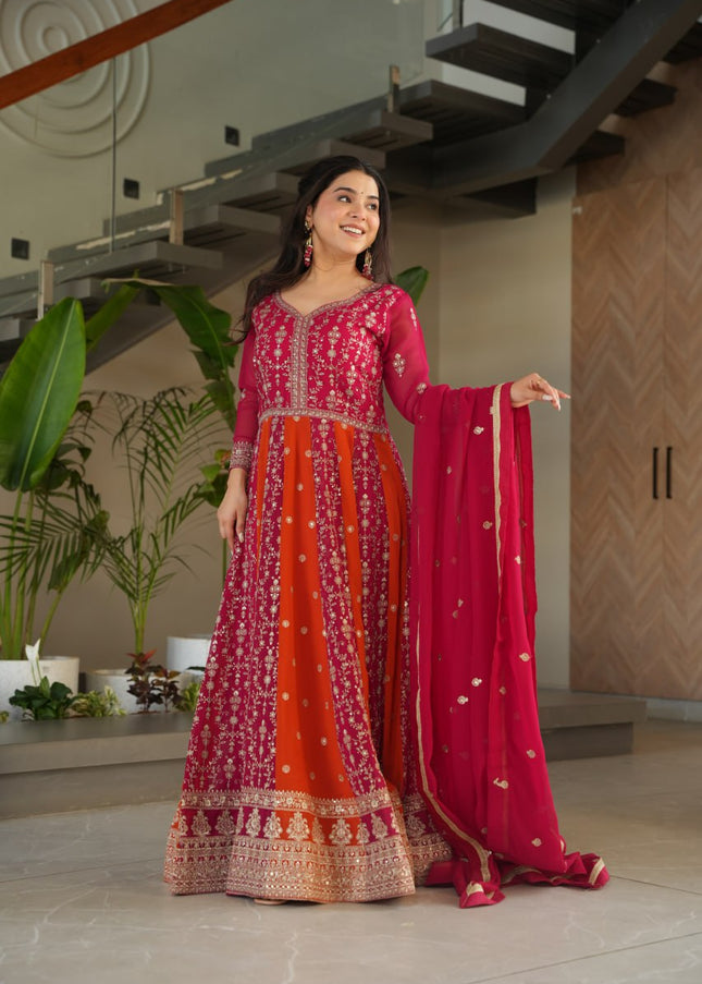 Pink and Orange Embroidered Anarkali Gown