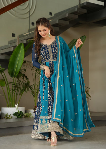 Navy Blue and Teal Embroidered Anarkali Gown