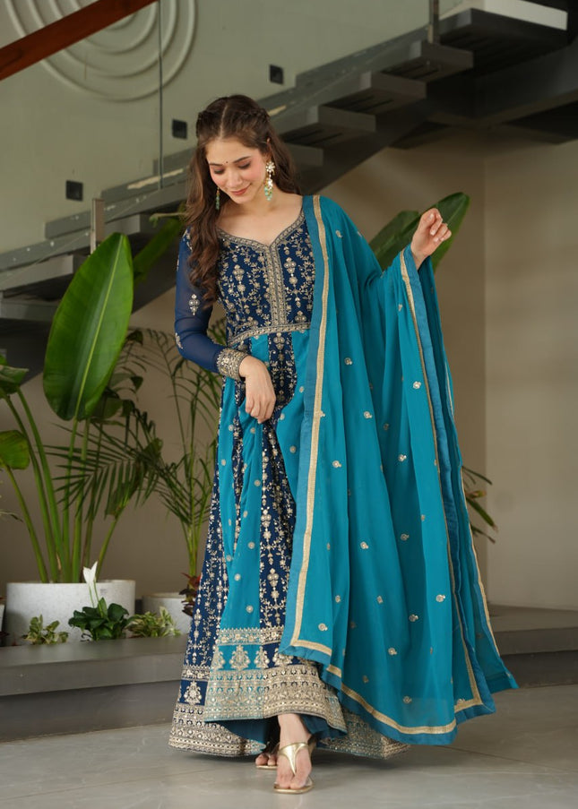 Navy Blue and Teal Embroidered Anarkali Gown