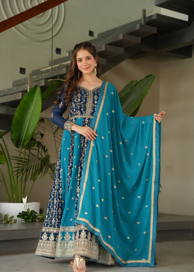 Navy Blue and Teal Embroidered Anarkali Gown