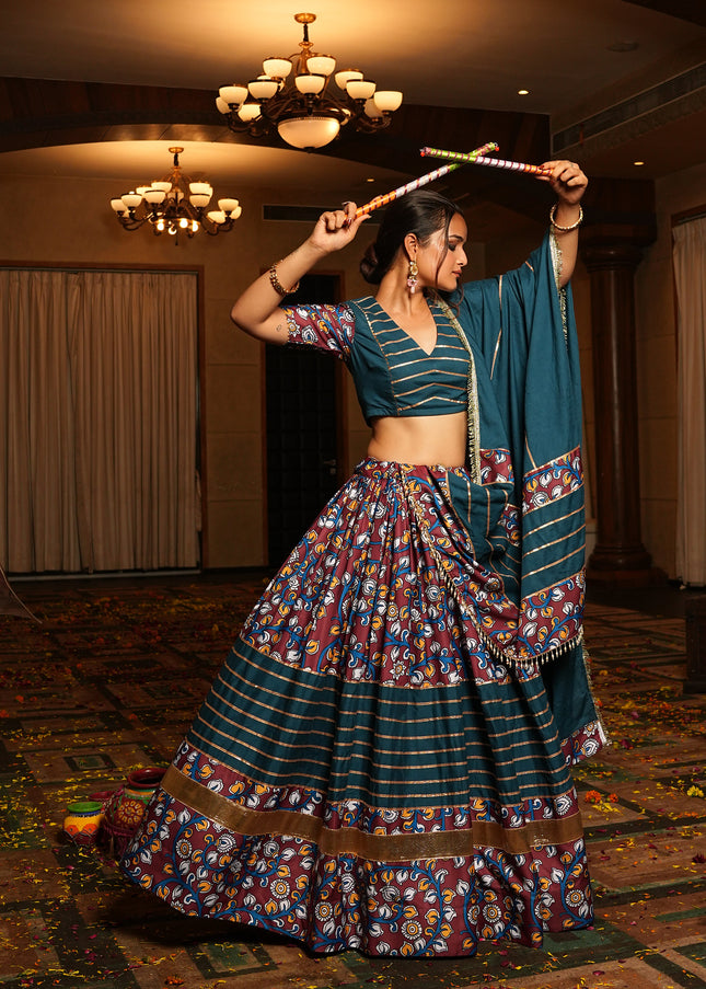 Teal and Maroon Printed and Embroidered Lehenga Choli