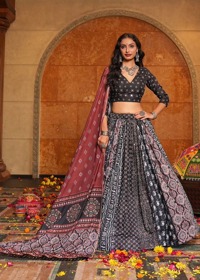 Black Multicolor Printed and Embroidered Lehenga Choli