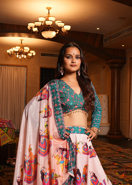 Teal and Cream Embroidered Lehenga Choli