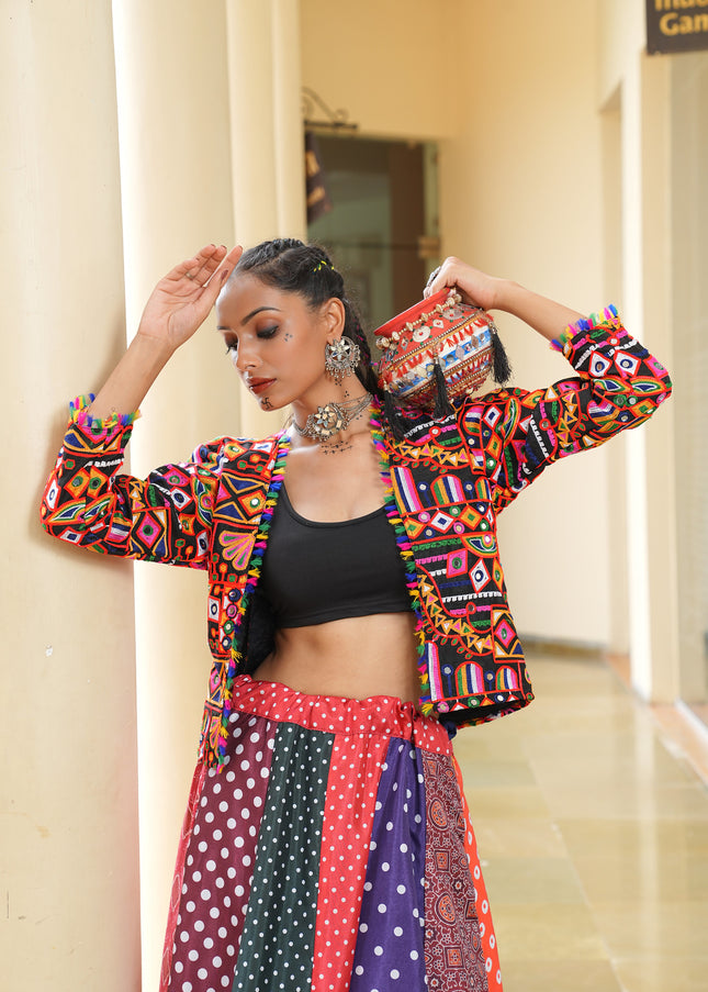 Black Multicolor Jacket Style Embroidered Lehenga Choli