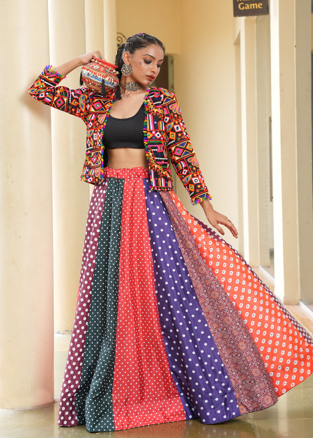 Black Multicolor Jacket Style Embroidered Lehenga Choli