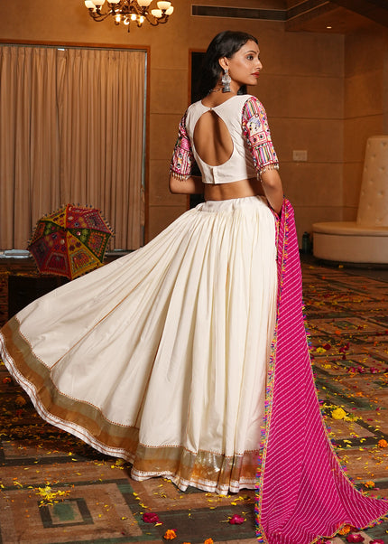 Offwhite and Pink Embroidered Lehenga Choli