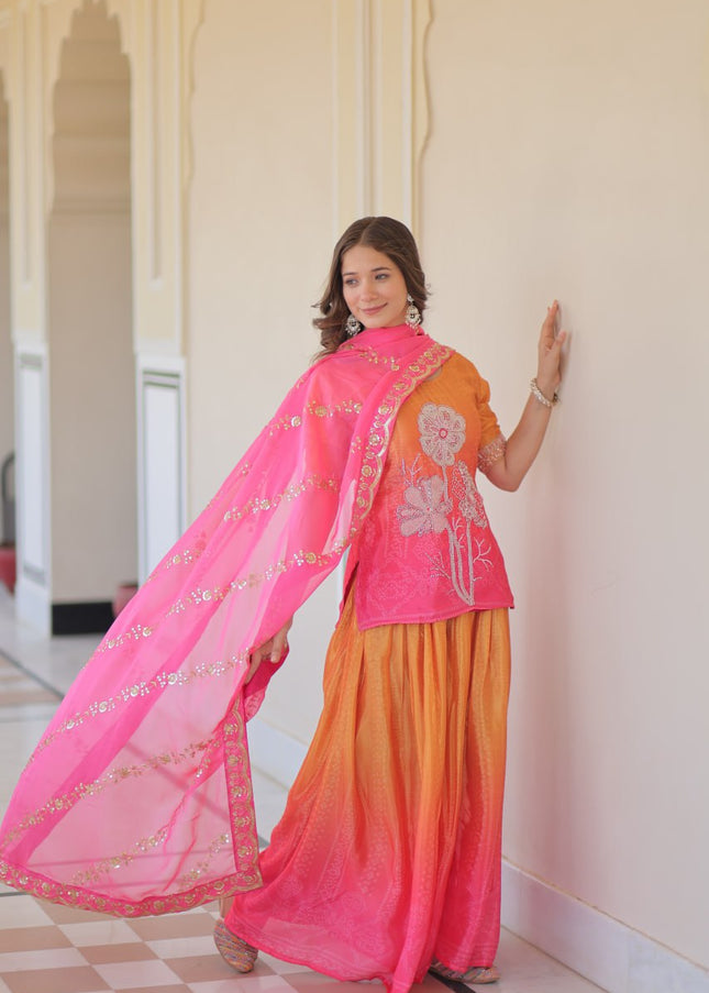 Pink and Orange Embroidered Sharara Suit