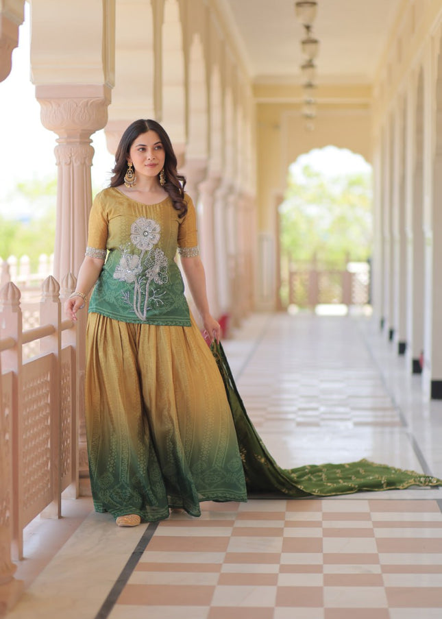 Green and Yellow Embroidered Sharara Suit