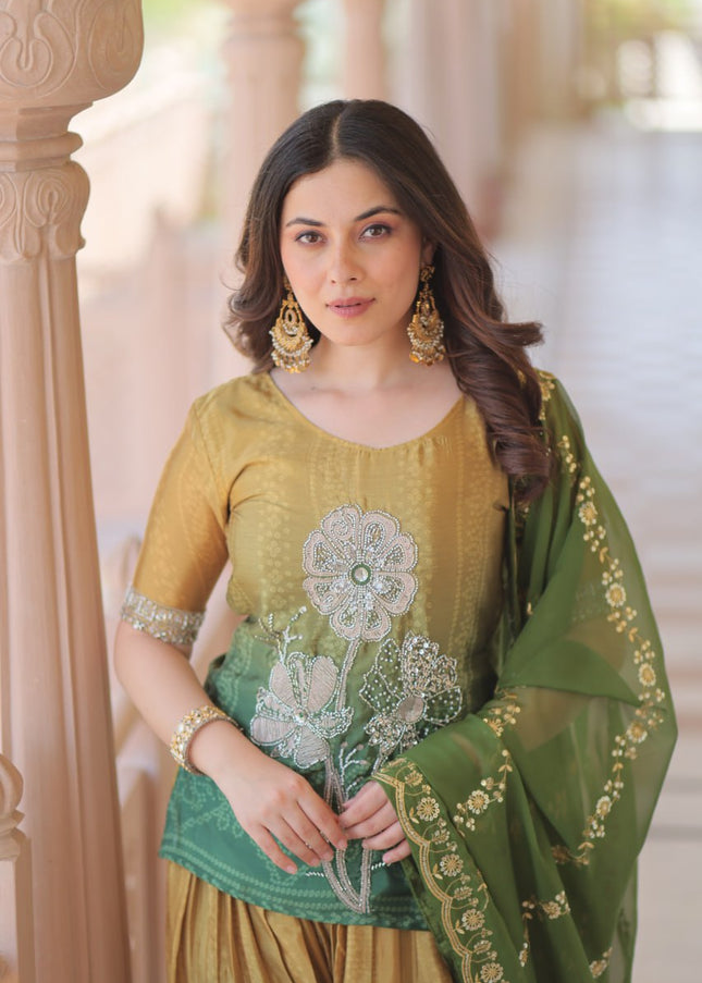 Green and Yellow Embroidered Sharara Suit