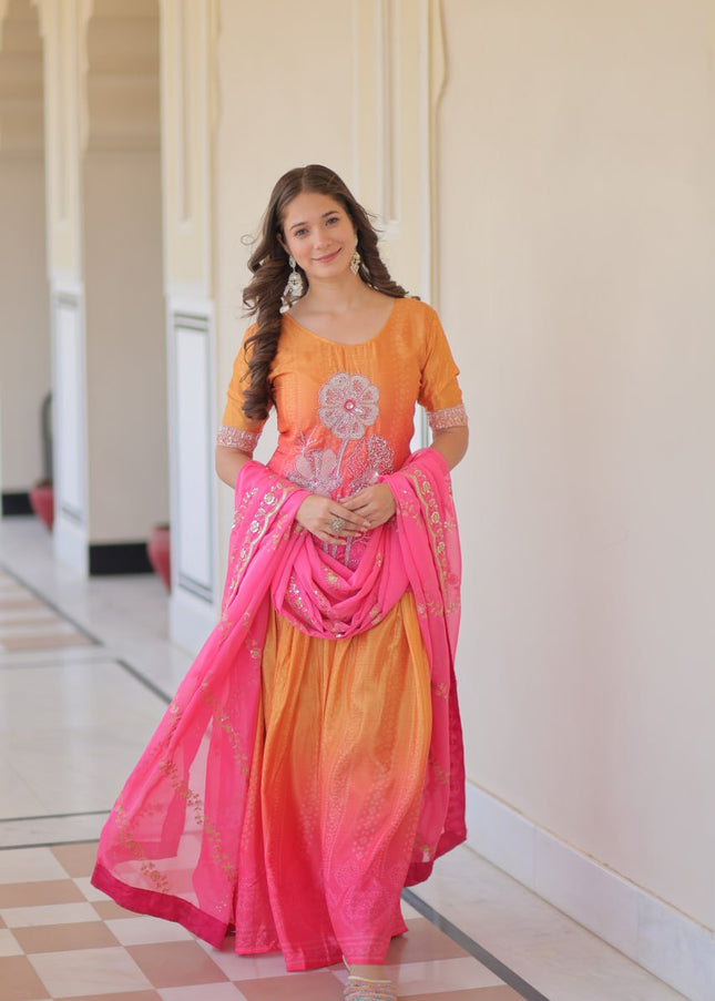 Pink and Orange Embroidered Sharara Suit