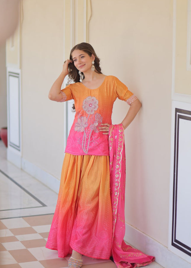 Pink and Orange Embroidered Sharara Suit
