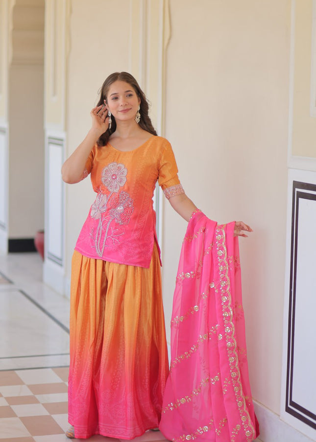 Pink and Orange Embroidered Sharara Suit