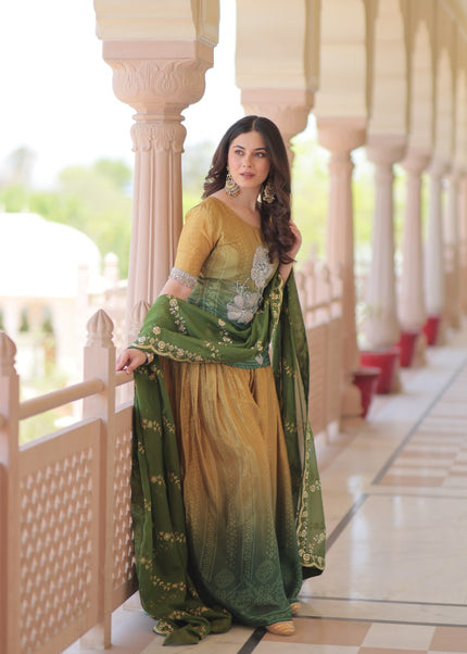 Green and Yellow Embroidered Sharara Suit