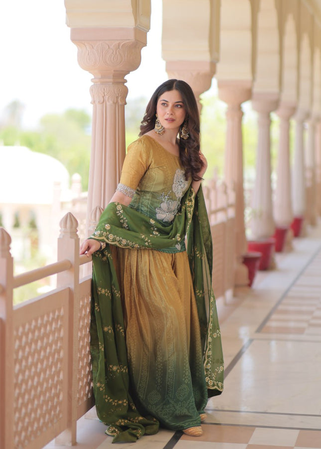 Green and Yellow Embroidered Sharara Suit