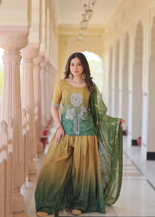 Green and Yellow Embroidered Sharara Suit