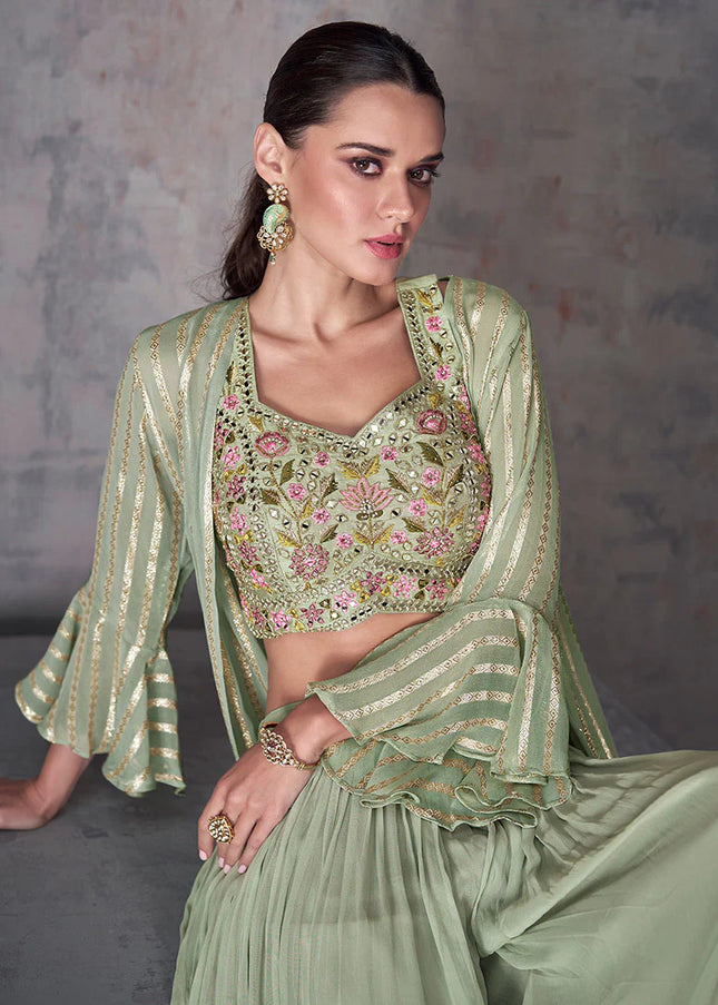 Green Embroidered Cape Style Palazzo Suit