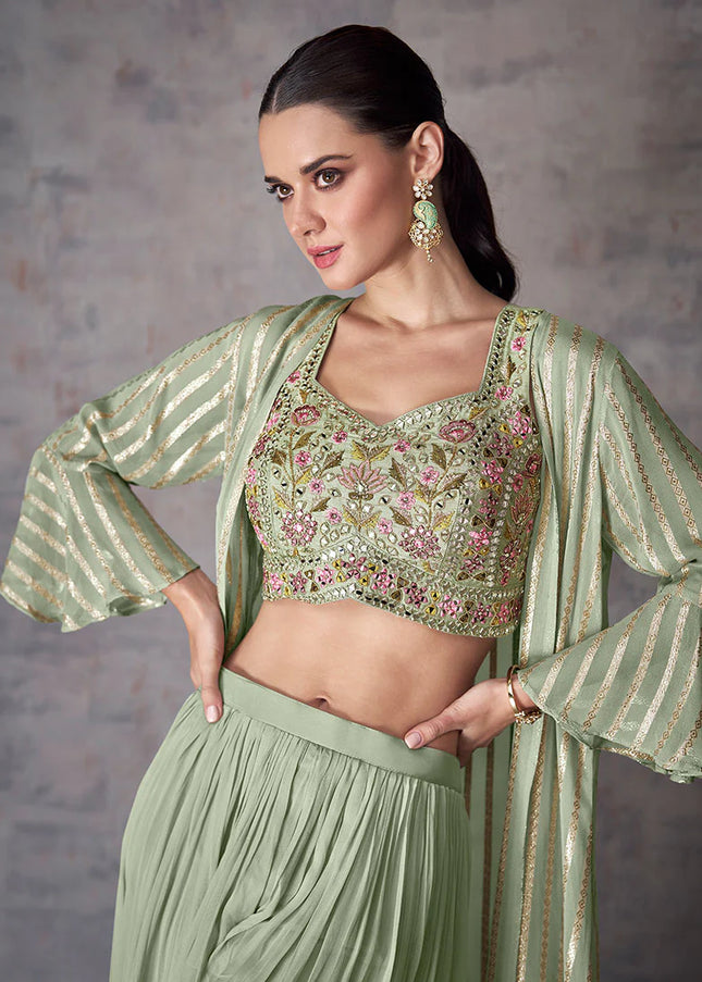 Green Embroidered Cape Style Palazzo Suit