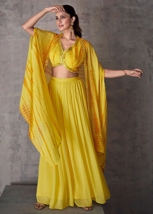 Yellow Embroidered Cape Style Palazzo Suit