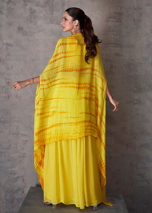 Yellow Embroidered Cape Style Palazzo Suit