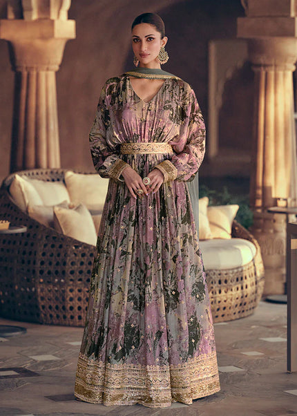 Lilac Floral Printed and Embroidered Anarkali Gown