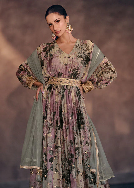 Lilac Floral Printed and Embroidered Anarkali Gown