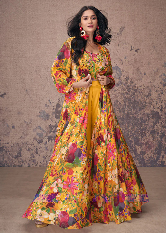 Yellow Multicolor Floral Embroidered Jacket Style Palazzo Suit