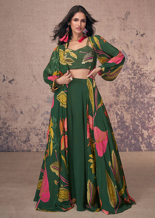 Green Multicolor Floral Embroidered Jacket Style Palazzo Suit