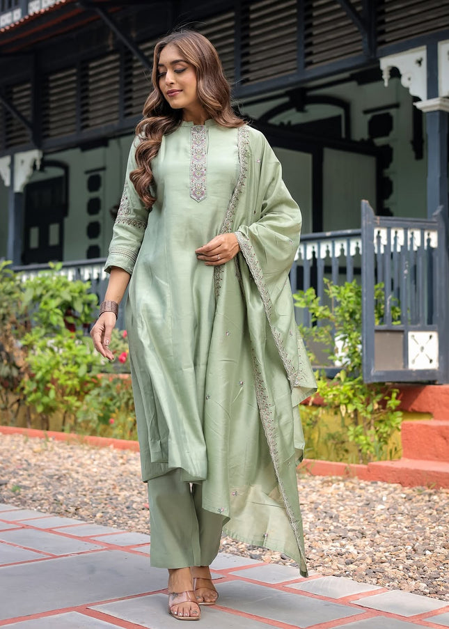 Sea Green Embroidered Pant Style Suit
