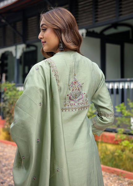 Sea Green Embroidered Pant Style Suit