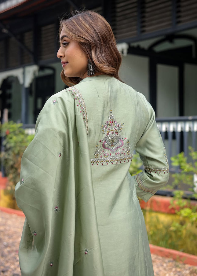 Sea Green Embroidered Pant Style Suit