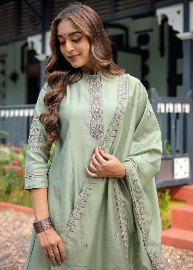 Sea Green Embroidered Pant Style Suit