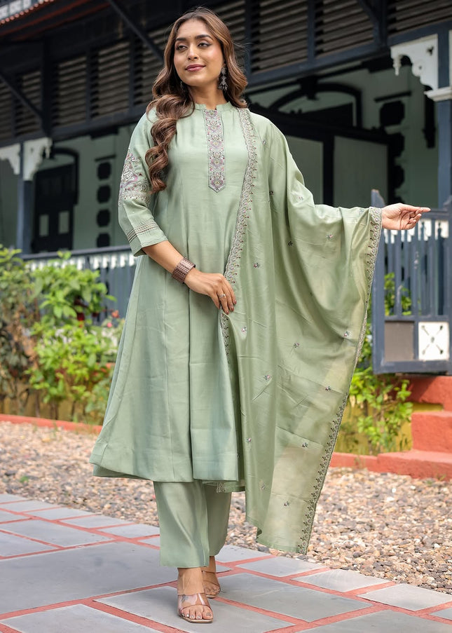 Sea Green Embroidered Pant Style Suit