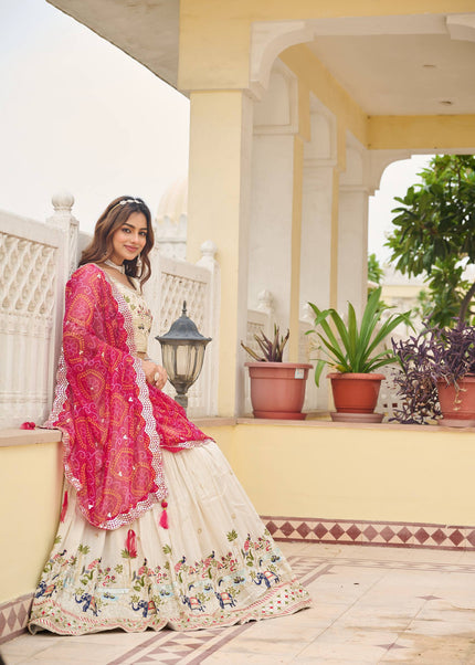 Offwhite and Pink Printed and Embroidered Lehenga Choli