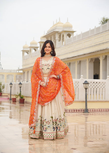 Offwhite and Orange Printed and Embroidered Lehenga Choli