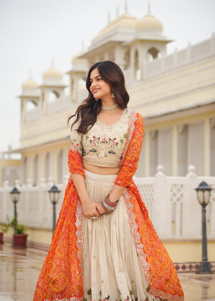 Offwhite and Orange Printed and Embroidered Lehenga Choli