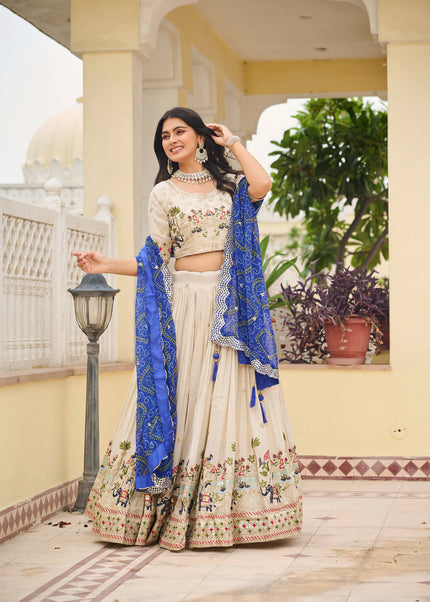 Offwhite and Blue Printed and Embroidered Lehenga Choli