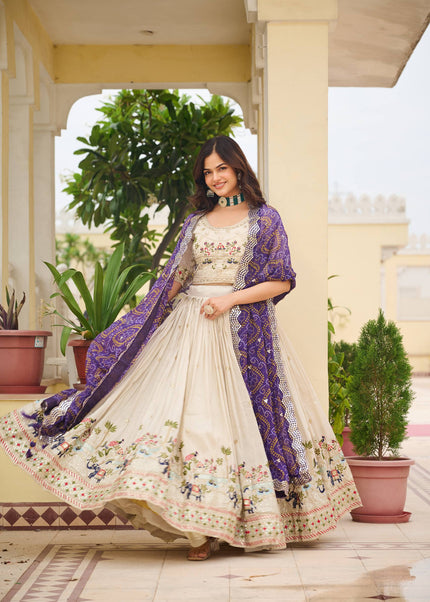 Offwhite and Purple Printed and Embroidered Lehenga Choli