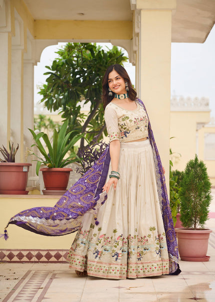 Offwhite and Purple Printed and Embroidered Lehenga Choli
