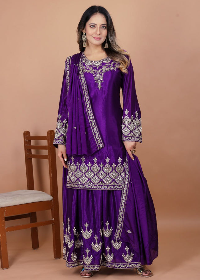Voilet Embroidered Sharara Suit