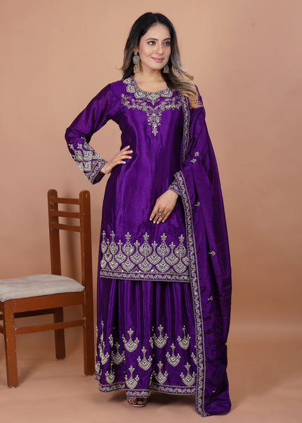 Voilet Embroidered Sharara Suit