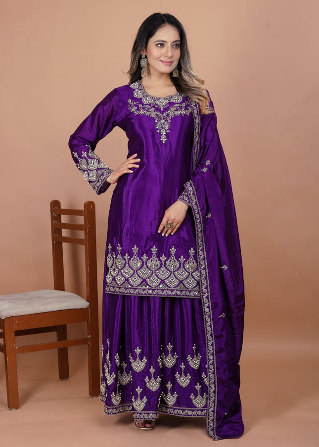 Voilet Embroidered Sharara Suit