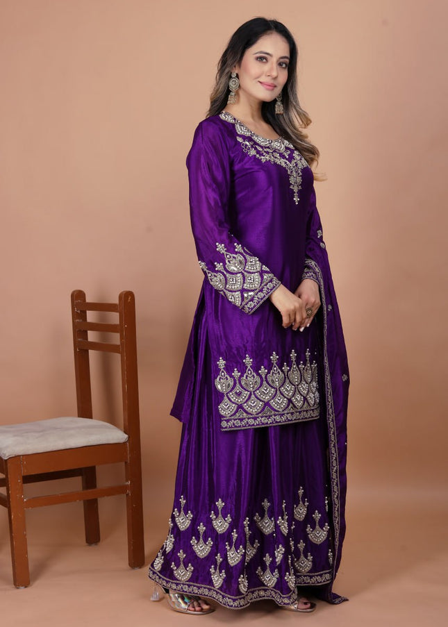 Voilet Embroidered Sharara Suit