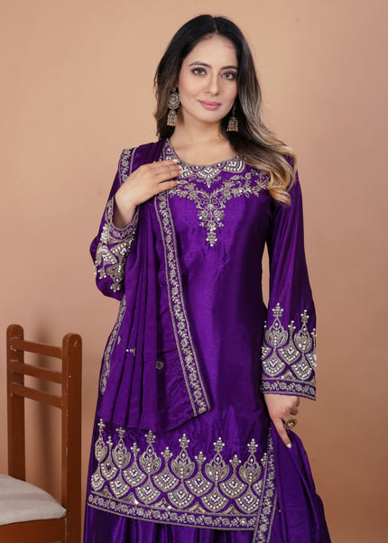 Voilet Embroidered Sharara Suit