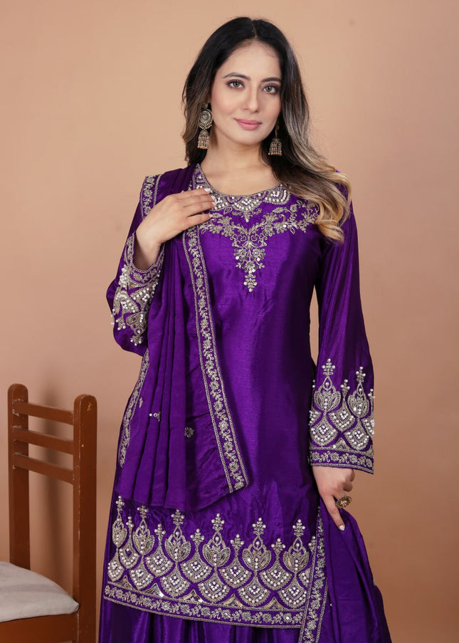Voilet Embroidered Sharara Suit
