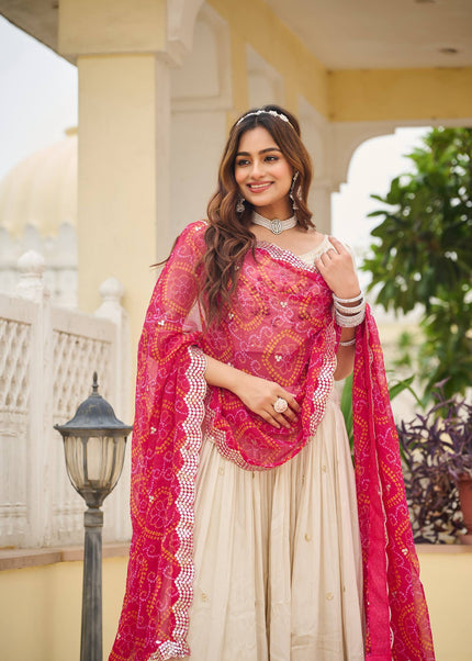 Offwhite and Pink Printed and Embroidered Lehenga Choli