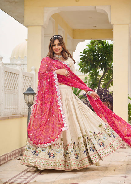 Offwhite and Pink Printed and Embroidered Lehenga Choli