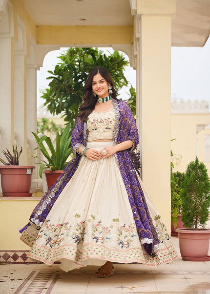 Offwhite and Purple Printed and Embroidered Lehenga Choli