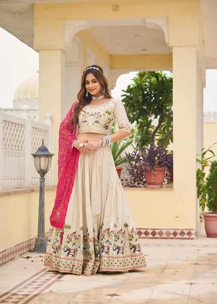 Offwhite and Pink Printed and Embroidered Lehenga Choli