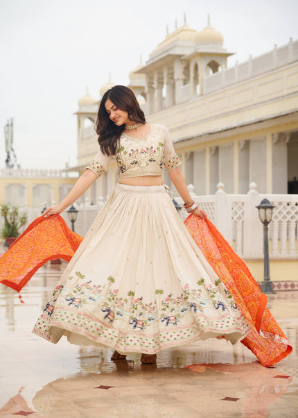 Offwhite and Orange Printed and Embroidered Lehenga Choli